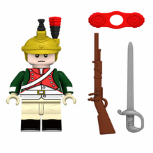 French dragoon minifigure with red shoulder piece, musket and sword on white background
