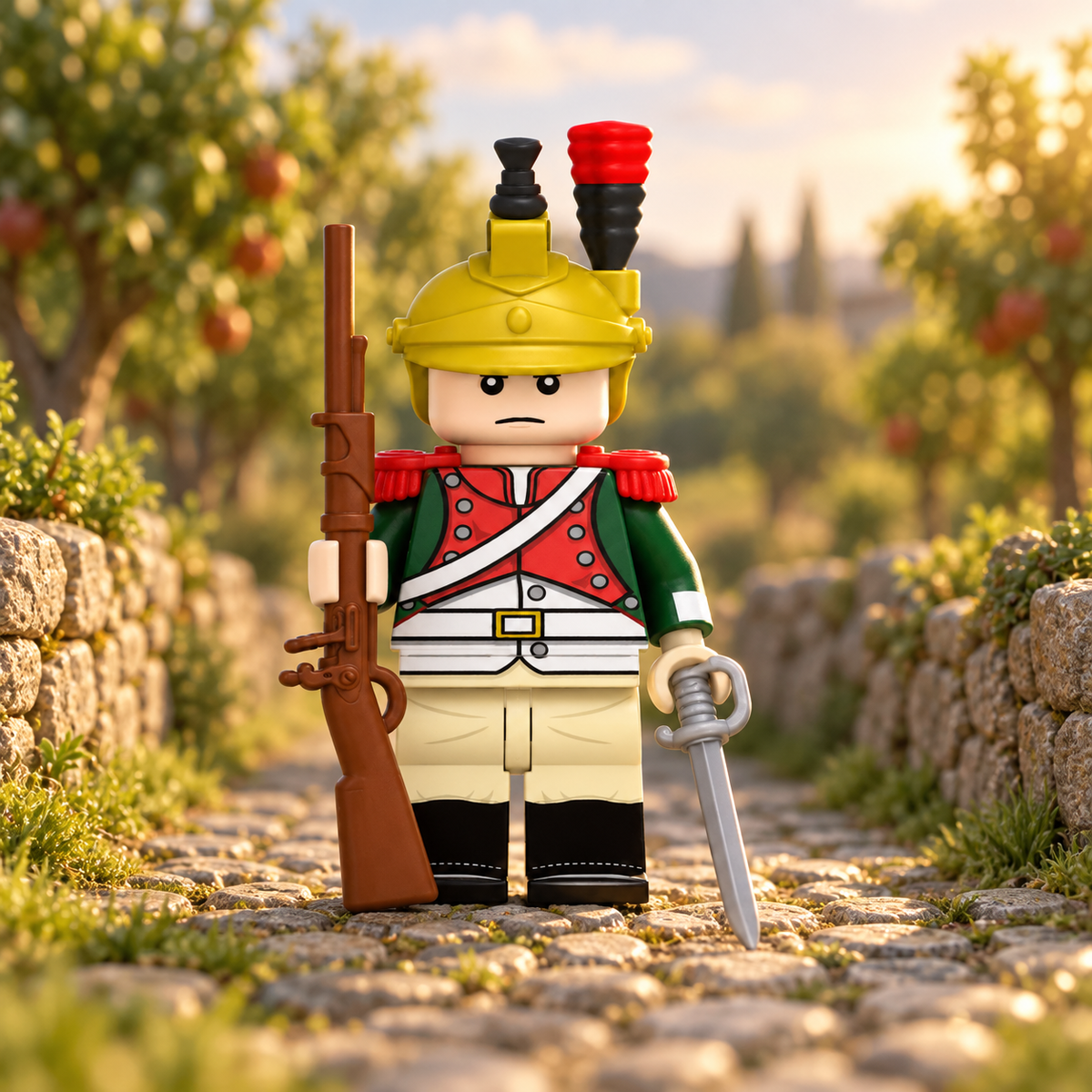 French Dragoon minifigure with musket and sword on a miniature orchard path; scenery not included