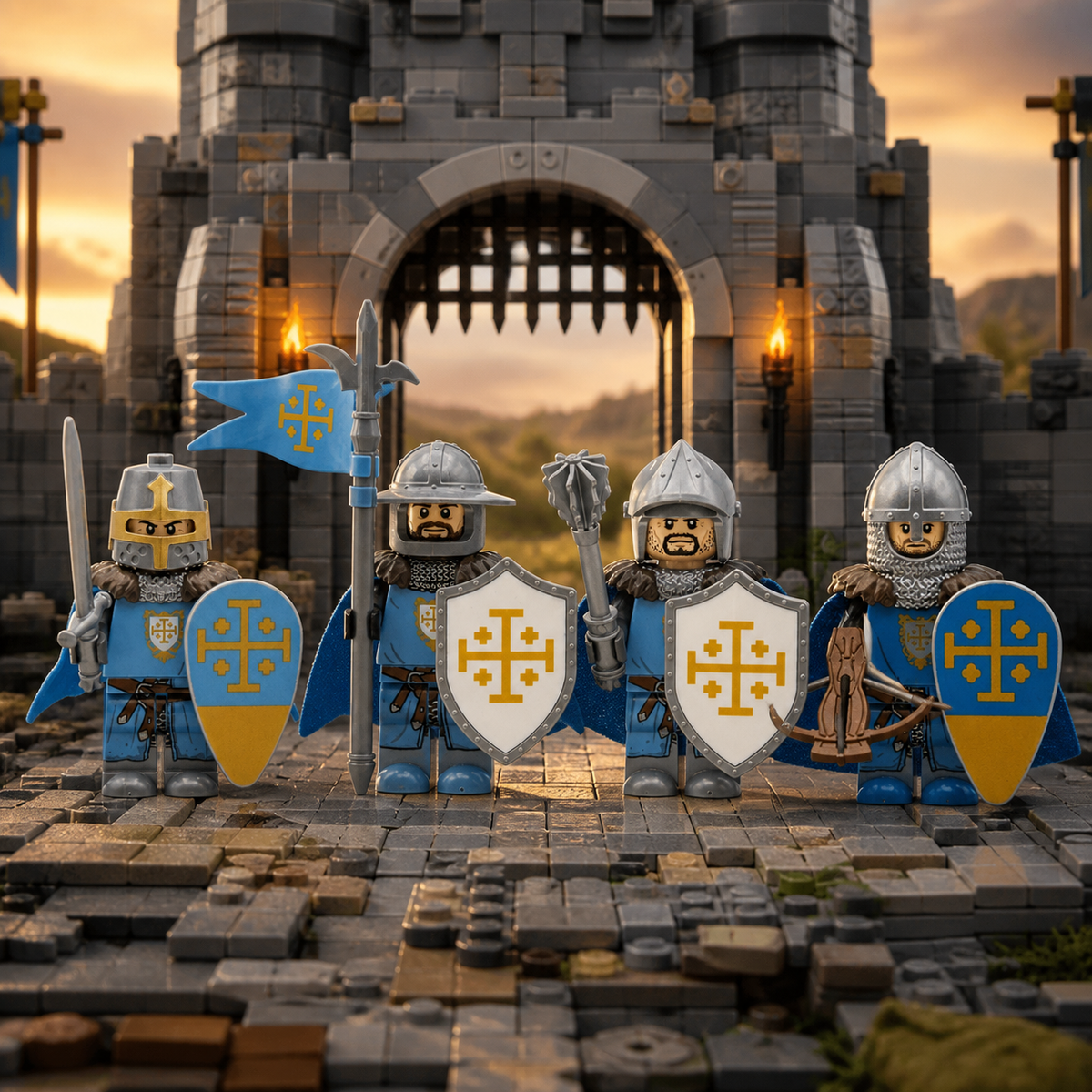 Four blue crusader knight minifigures guarding a stone castle gate, illustrative scene