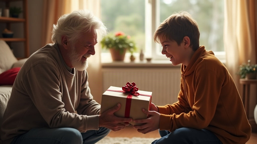 Grandfather giving a wrapped gift to his happy smiling grandson in their living room