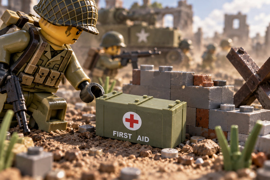 Green First-Aid Box in an illustrative brick battlefield scene; minifigures, weapons, vehicles, and scenery not included.