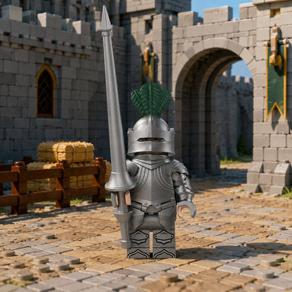 Green Plume Gothic Knight minifigure in a brick-built courtyard