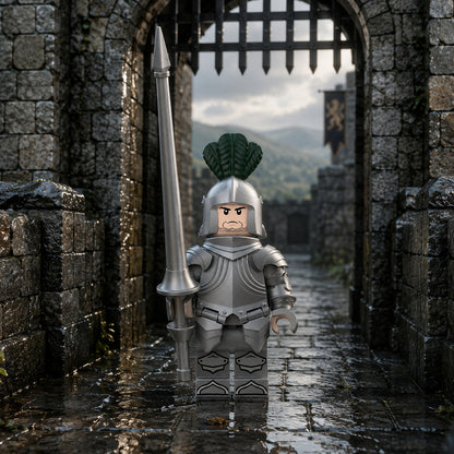Green Plume Gothic Knight minifigure at a brick-built castle gate