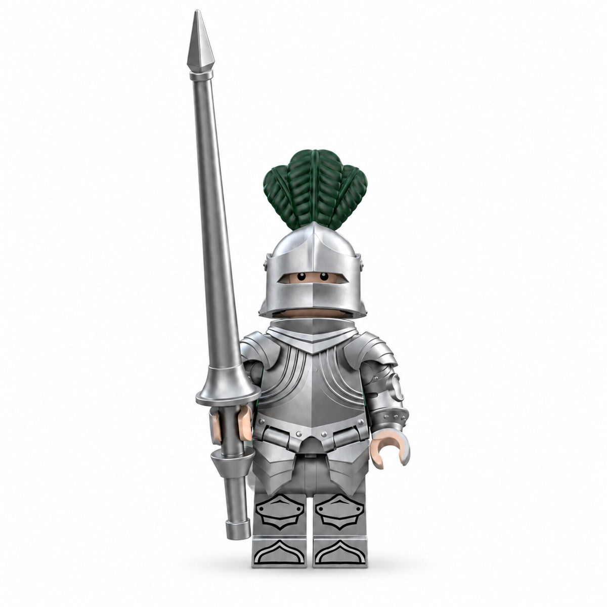 Green Plume Gothic Knight minifigure with lance on white background