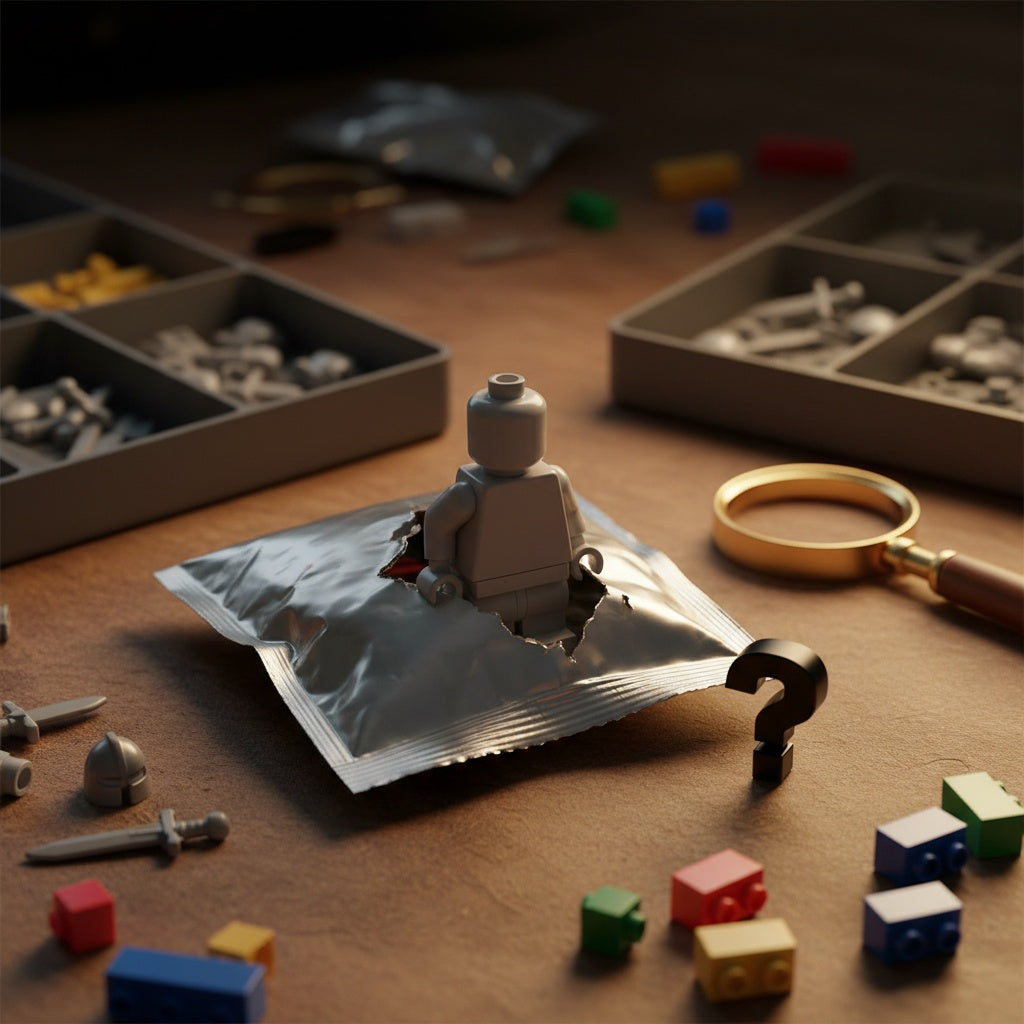 Mystery minifigure emerging from a torn foil blind bag on a collectors workbench