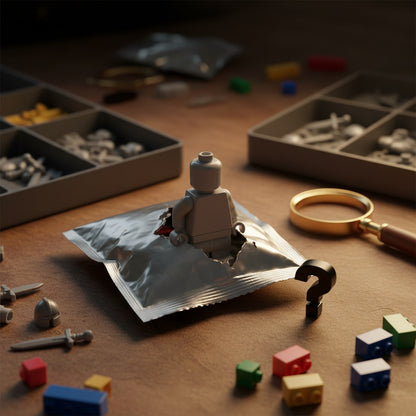 Mystery minifigure emerging from a torn foil blind bag on a collectors workbench