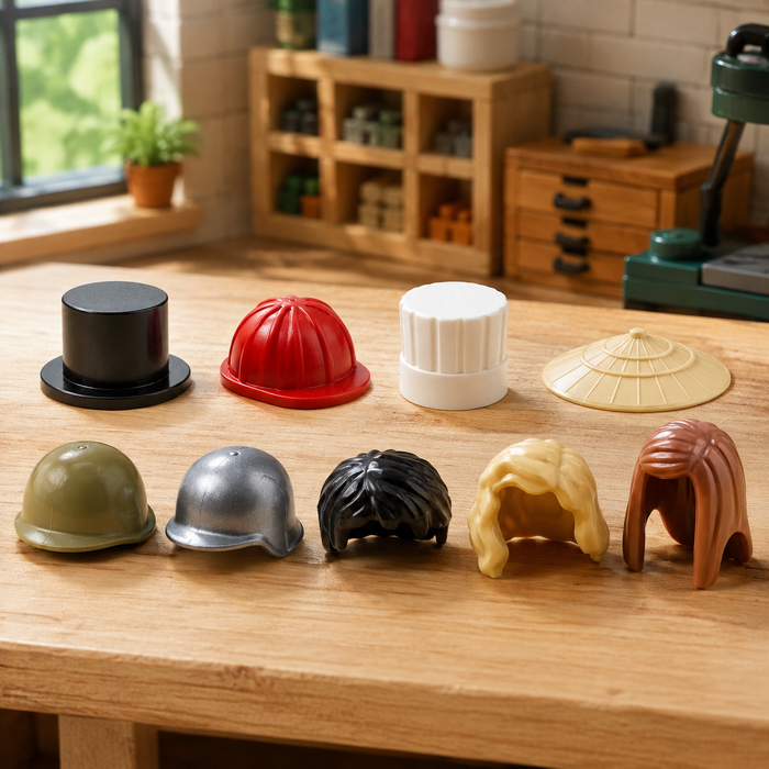 Minifigure hair and hat accessories on a brick-built workshop table