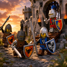 Illustrative heraldic knights castle gate battle scene; scenery not included
