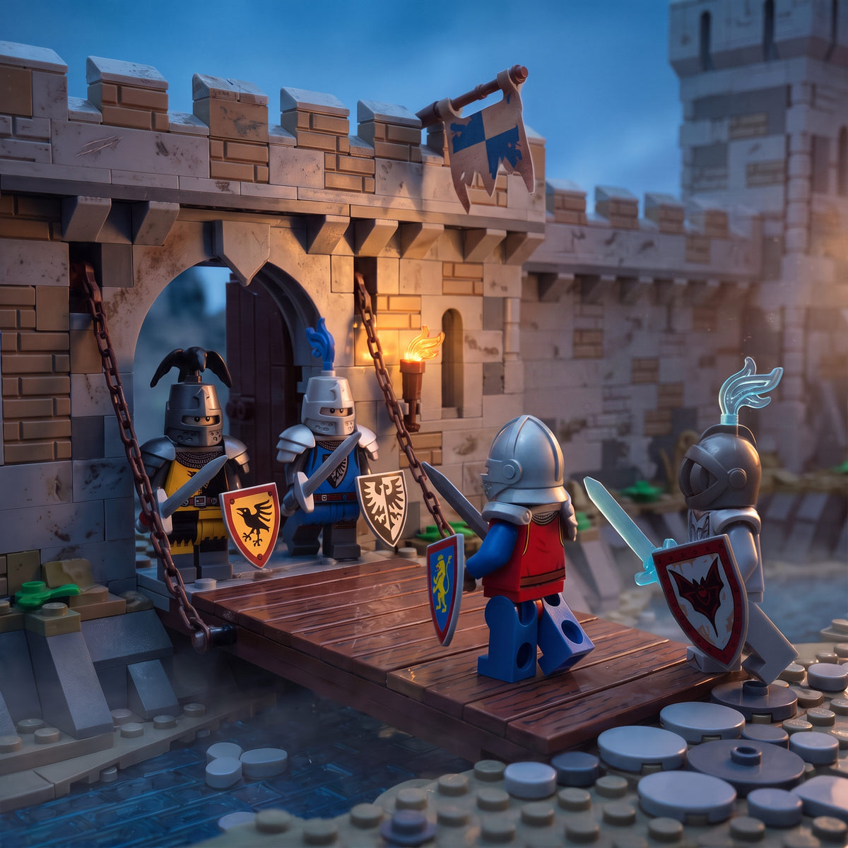 Heraldic Knights Set defending a brick castle gate at blue hour