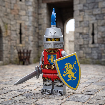 Armored lion sword knight at a medieval castle gate