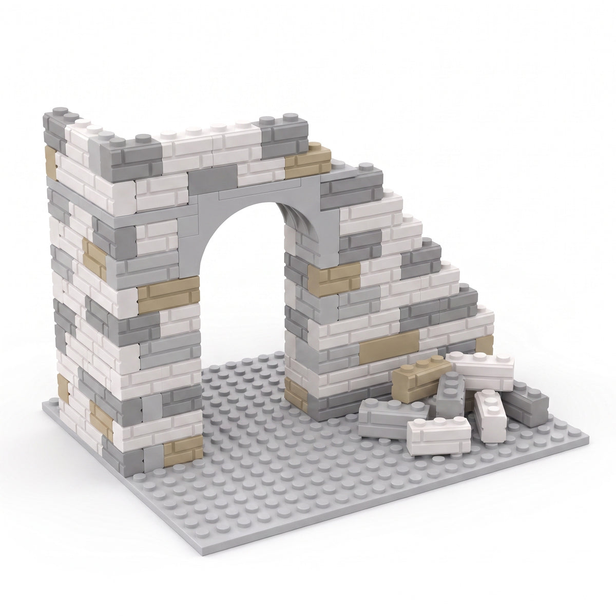 Half-built gatehouse made from white, gray and tan Masonry Style Bricks