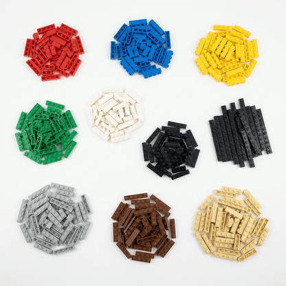 Piles of narrow building bricks sorted by color