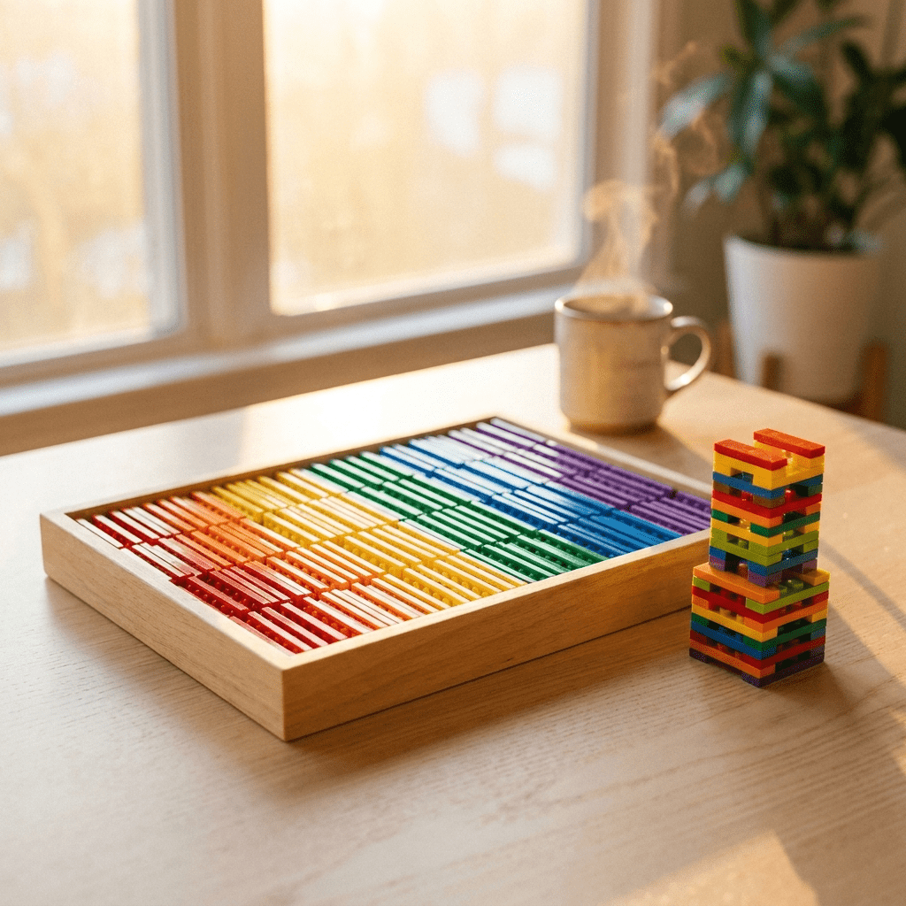 Color-sorted building bricks in a wooden tray beside a small tower