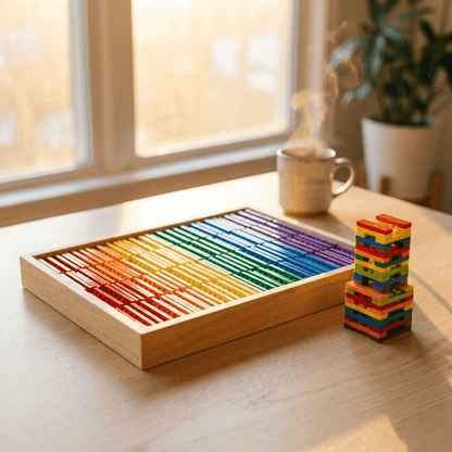 Color-sorted building bricks in a wooden tray beside a small tower