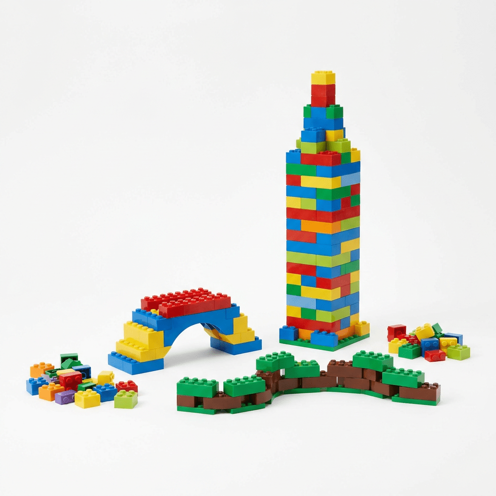 Colorful brick-built tower and small display builds