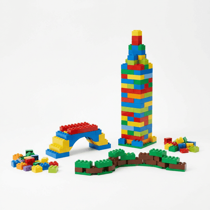 Colorful brick-built tower and small display builds