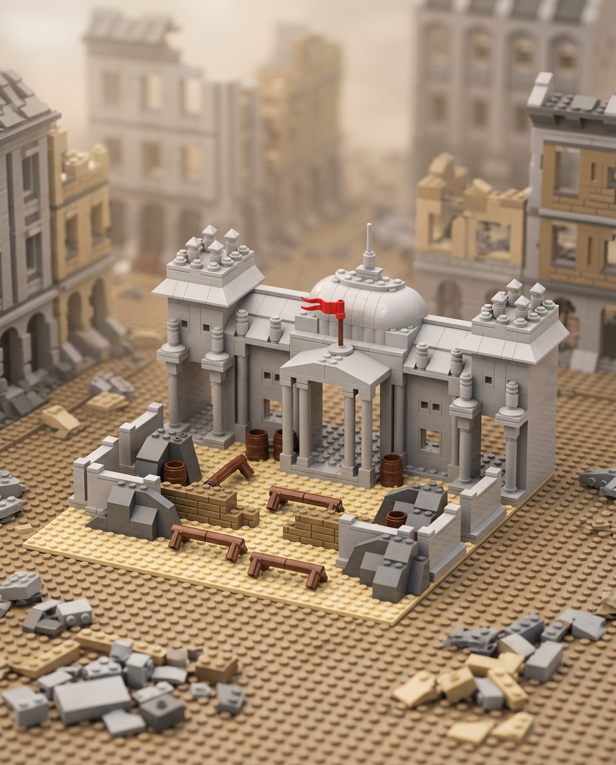 Ruined Domed Parliament Building with Barricades in an illustrative scene. Scenery and additional props not included.