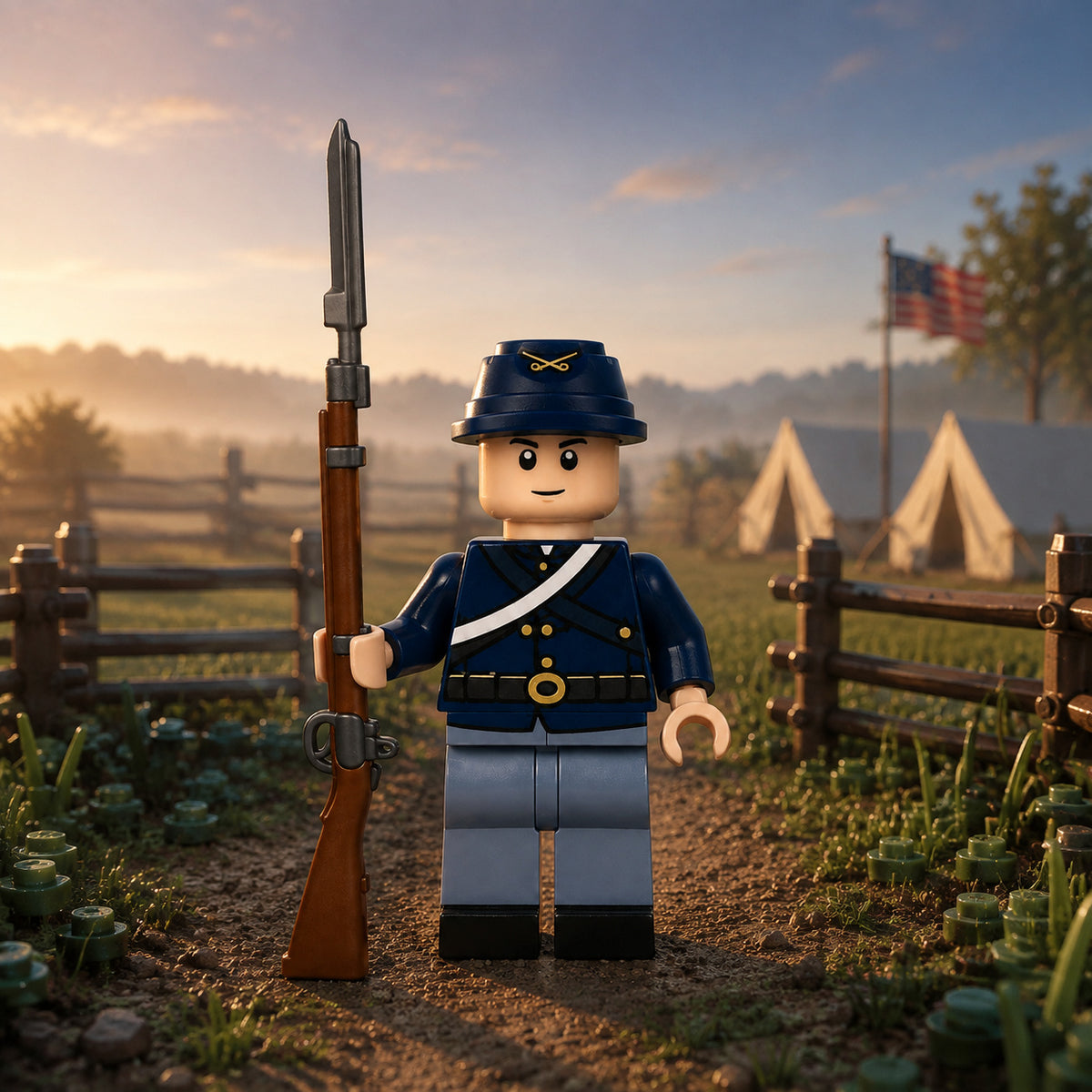 Blue Union Rifleman representative variant in a brick-built field scene