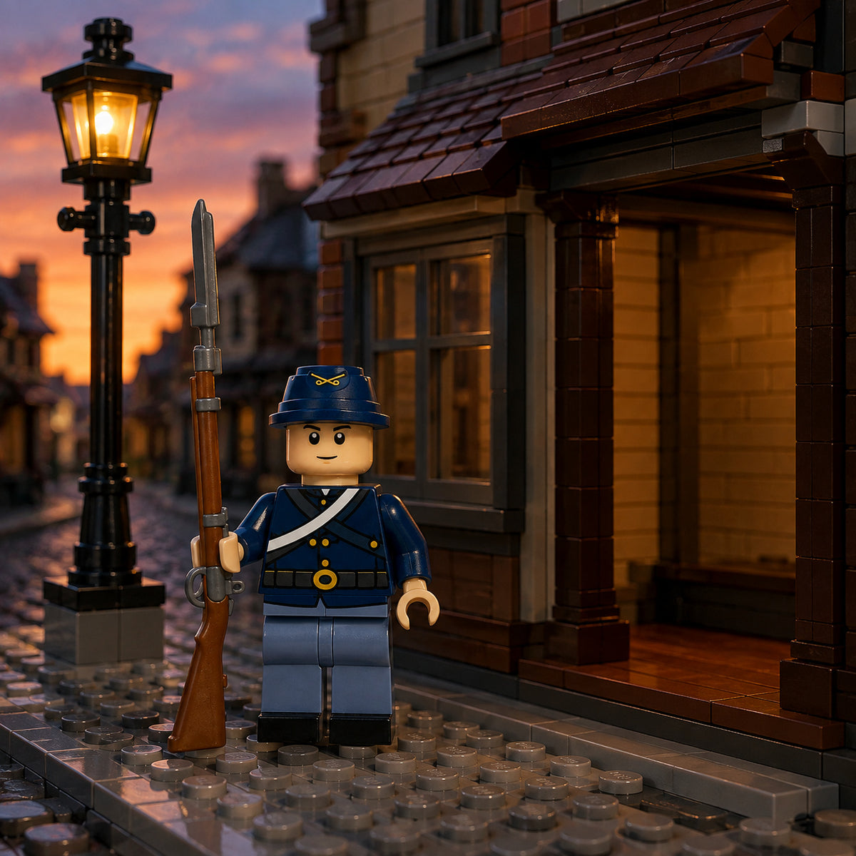Blue Union Rifleman minifigure on a brick-built town street scene; scenery not included
