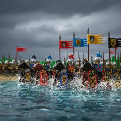 Barded knight warhorses charging through a river ford - Brick Bros