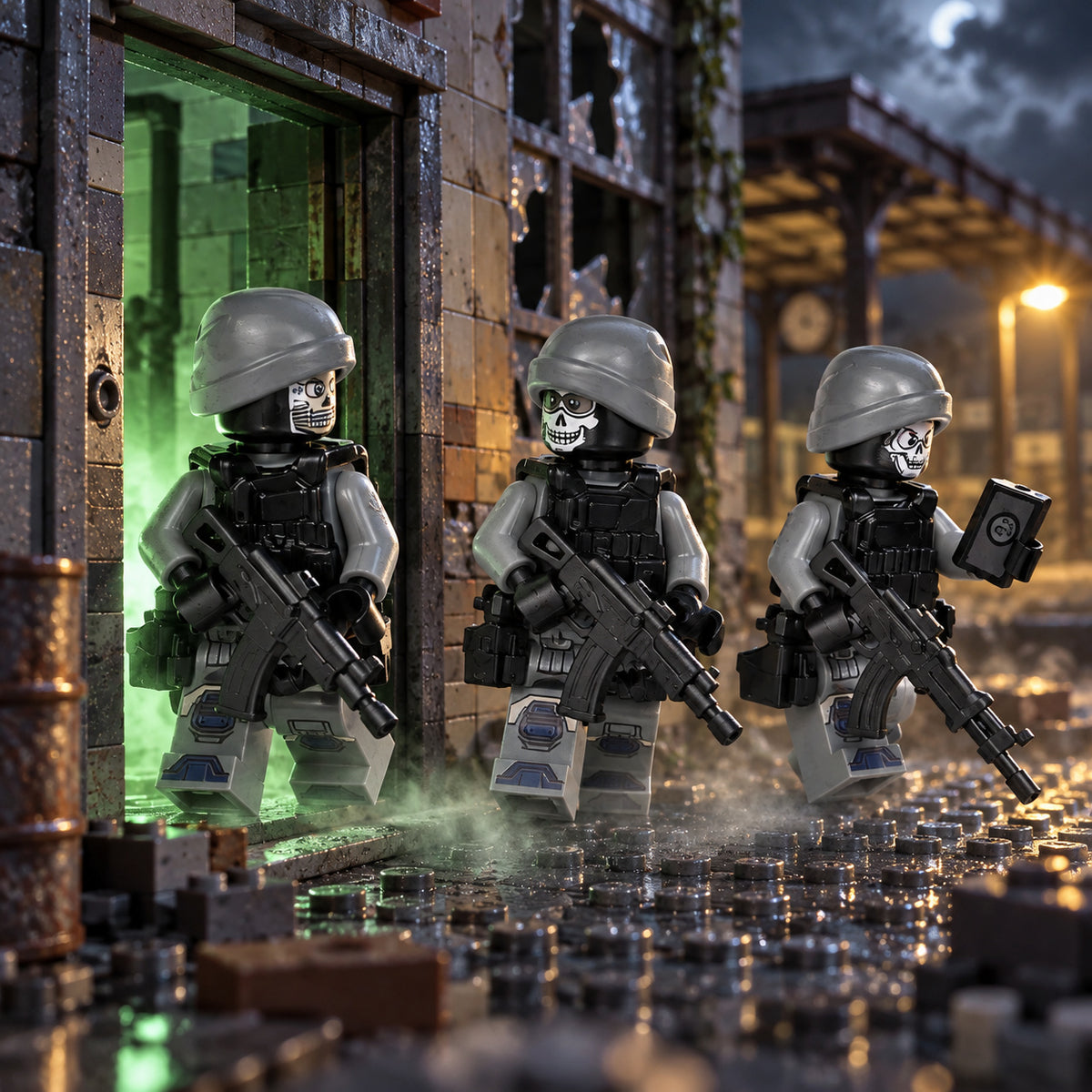 Three Paranormal Response Team minifigures on a night patrol through a brick-built station; building and scenery are not included.