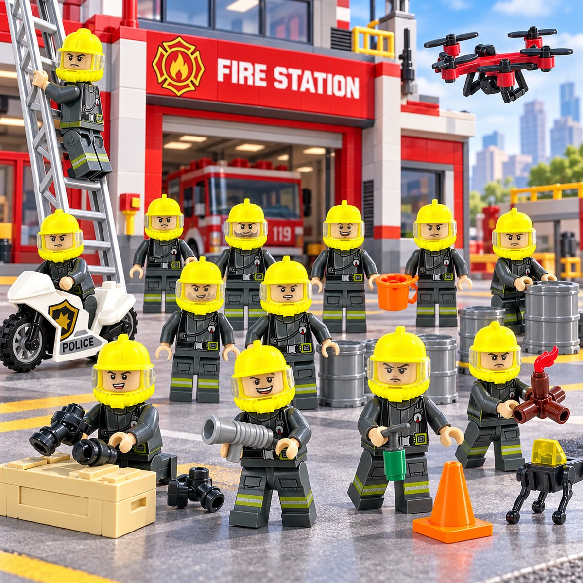 M8183 firefighter team at a brick-built fire station