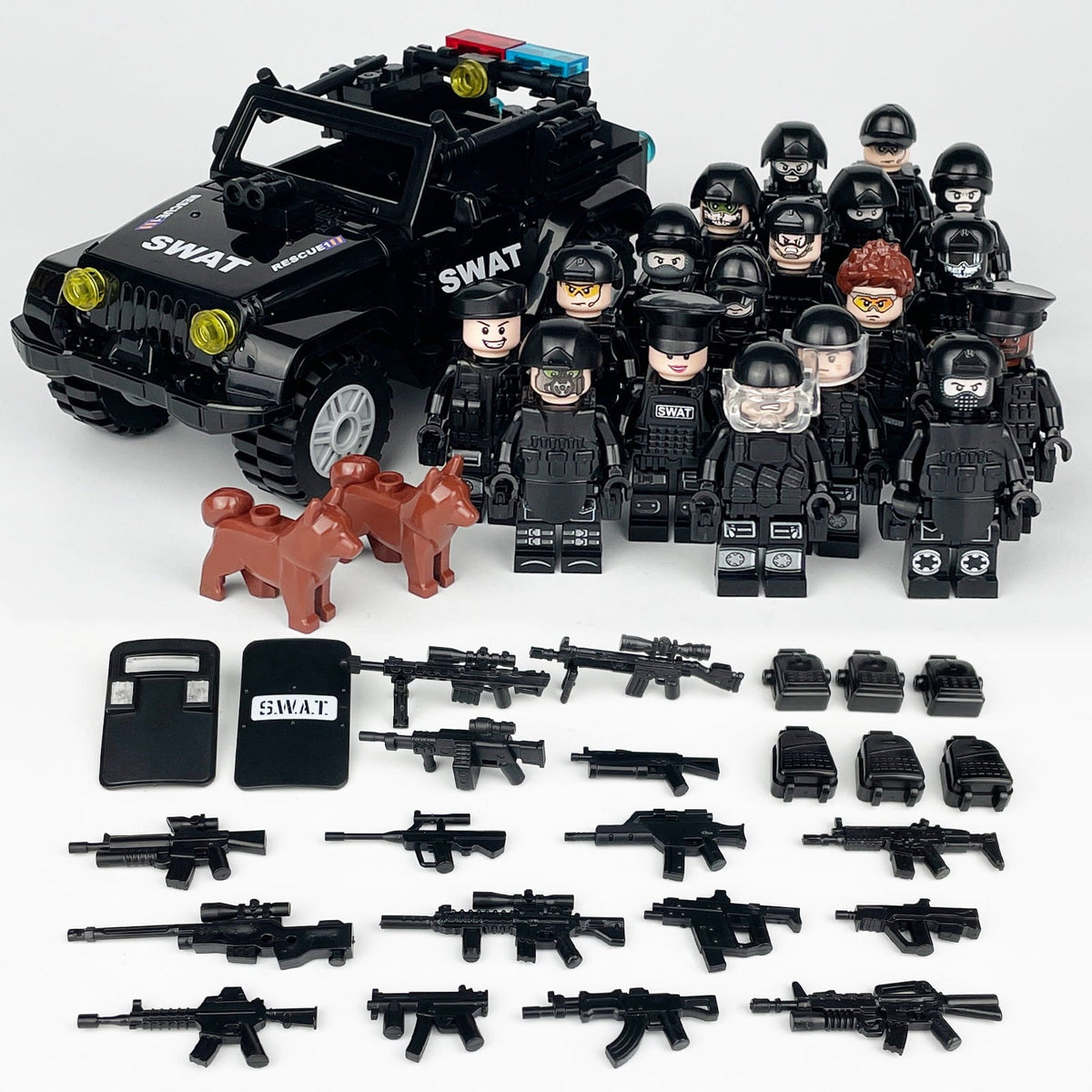 Matching high-resolution L-19 full set contents photo: SWAT Jeep, team, two brown dogs and accessories
