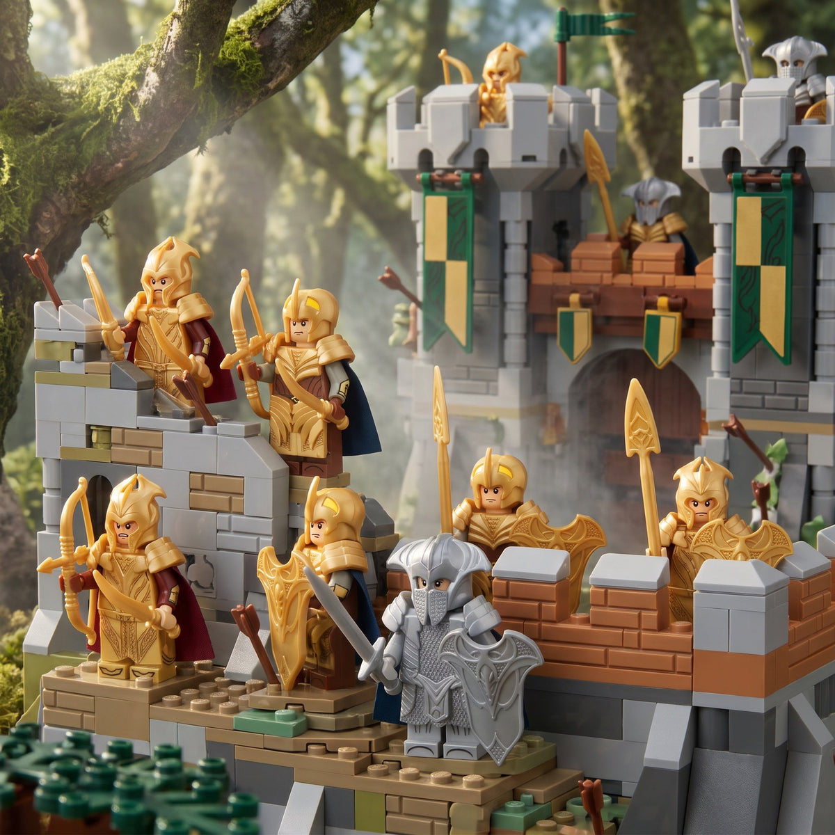 Medieval Elven Army forest fortress battle scene