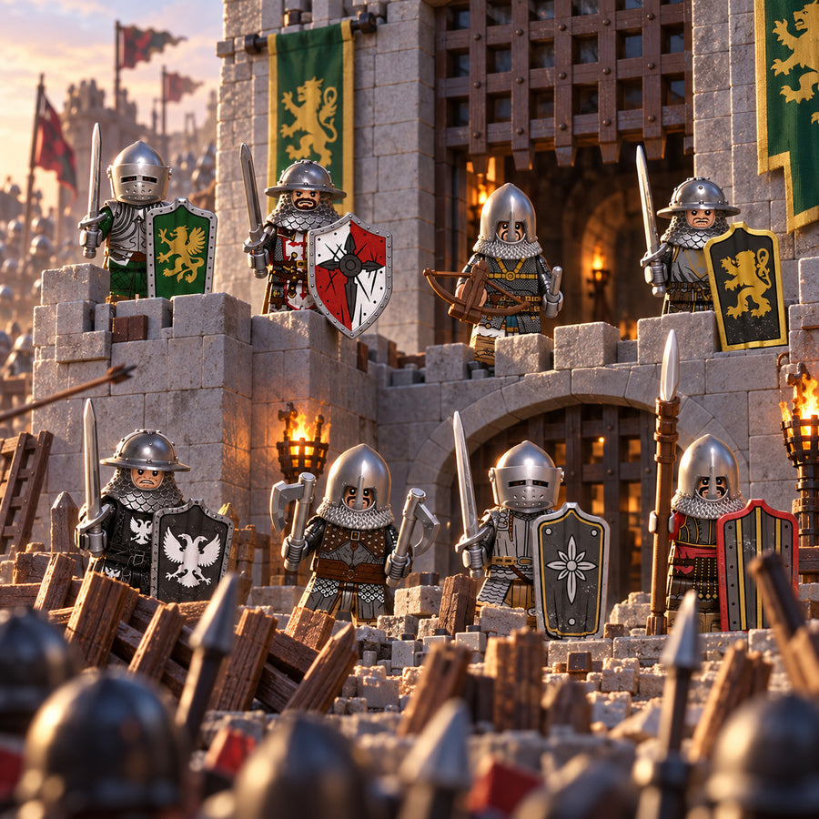 Medieval knight minifigures defending a stone castle gate during a siege; scenery not included