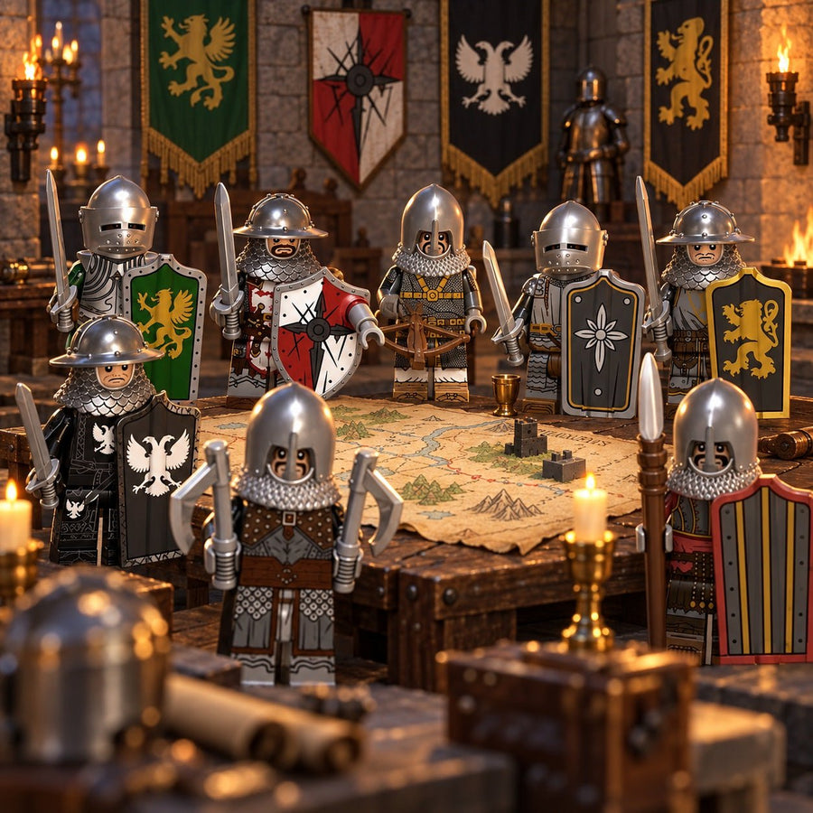 Medieval knight minifigures gathered around a strategy table in a great hall; scenery not included