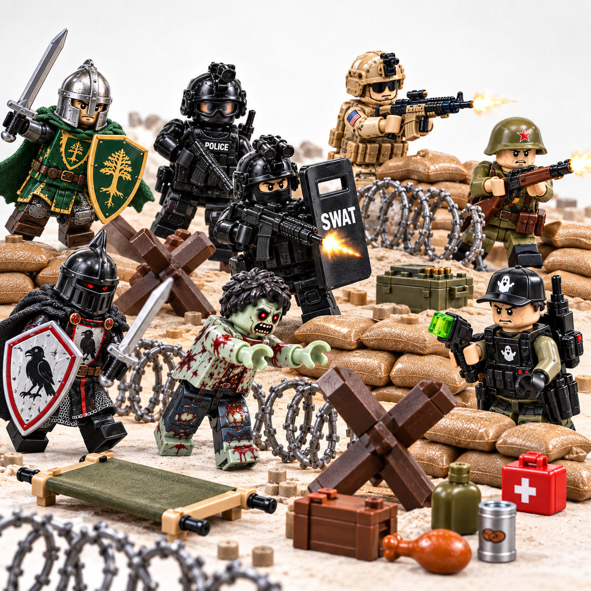 Mixed Theme Battle Pack scene with SWAT, military, medieval, zombie and accessory examples