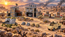 Modern Base Defense | Bunkers, Vehicles & Battlefields multi-build scene. Each build sold separately; surrounding scenery is illustrative.
