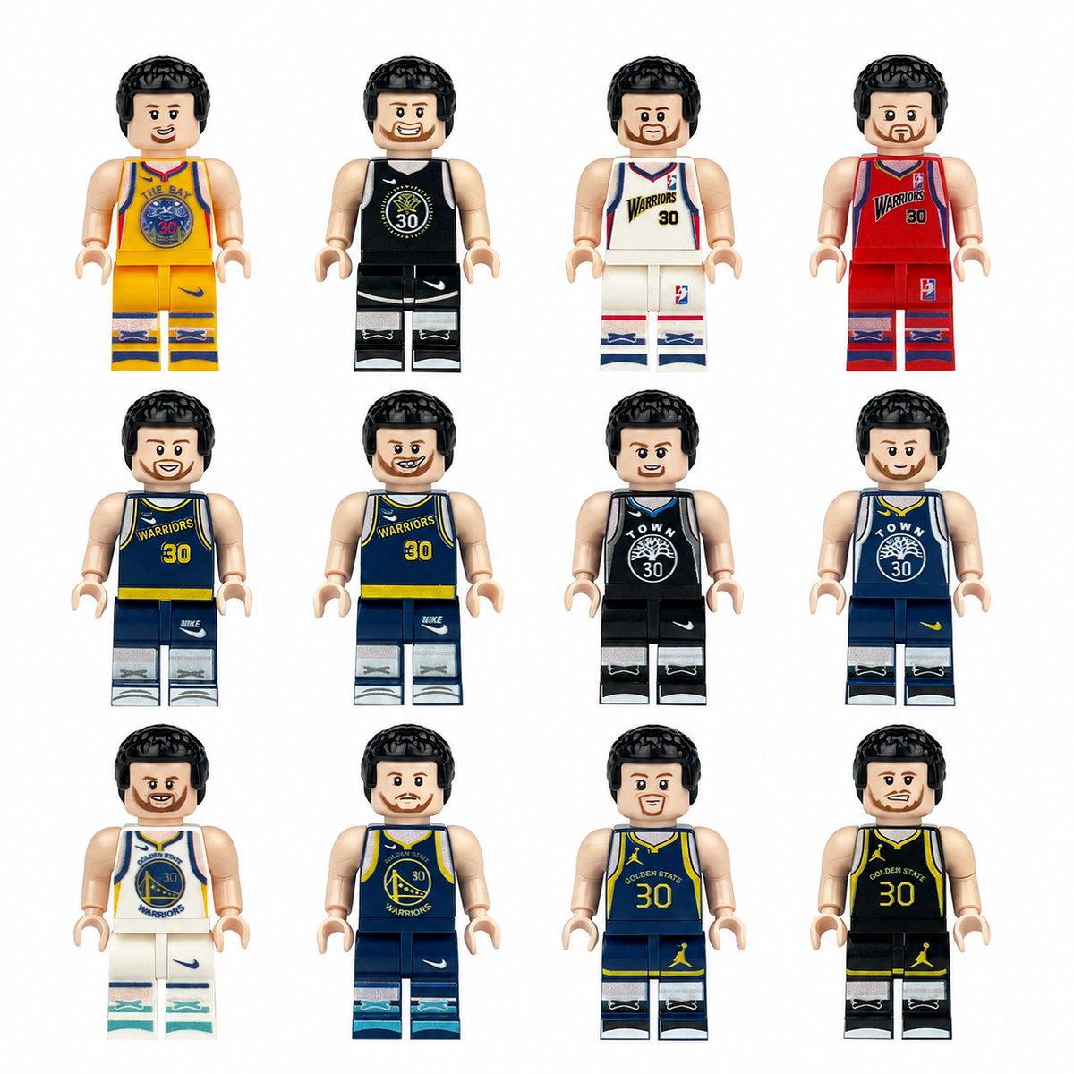 Twelve basketball minifigures in assorted number thirty uniforms