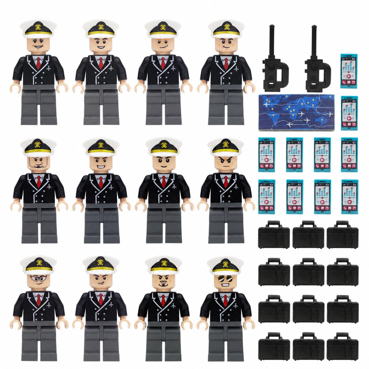Twelve pilot minifigures with white caps and included accessories