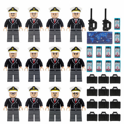 Twelve pilot minifigures with white caps and included accessories