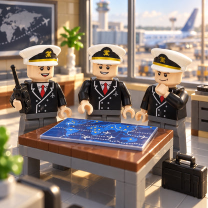 Pilot minifigures at a briefing table. Illustrative scene; airport, furniture and scenery not included.
