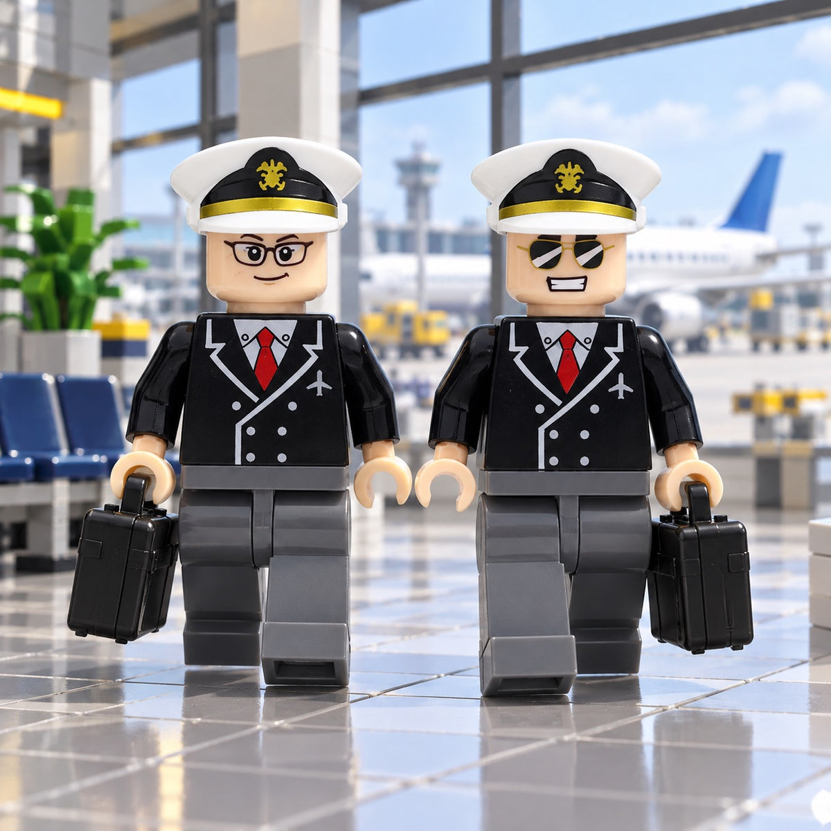 Two pilot minifigures carrying briefcases. Illustrative scene; airport, aircraft and scenery not included.
