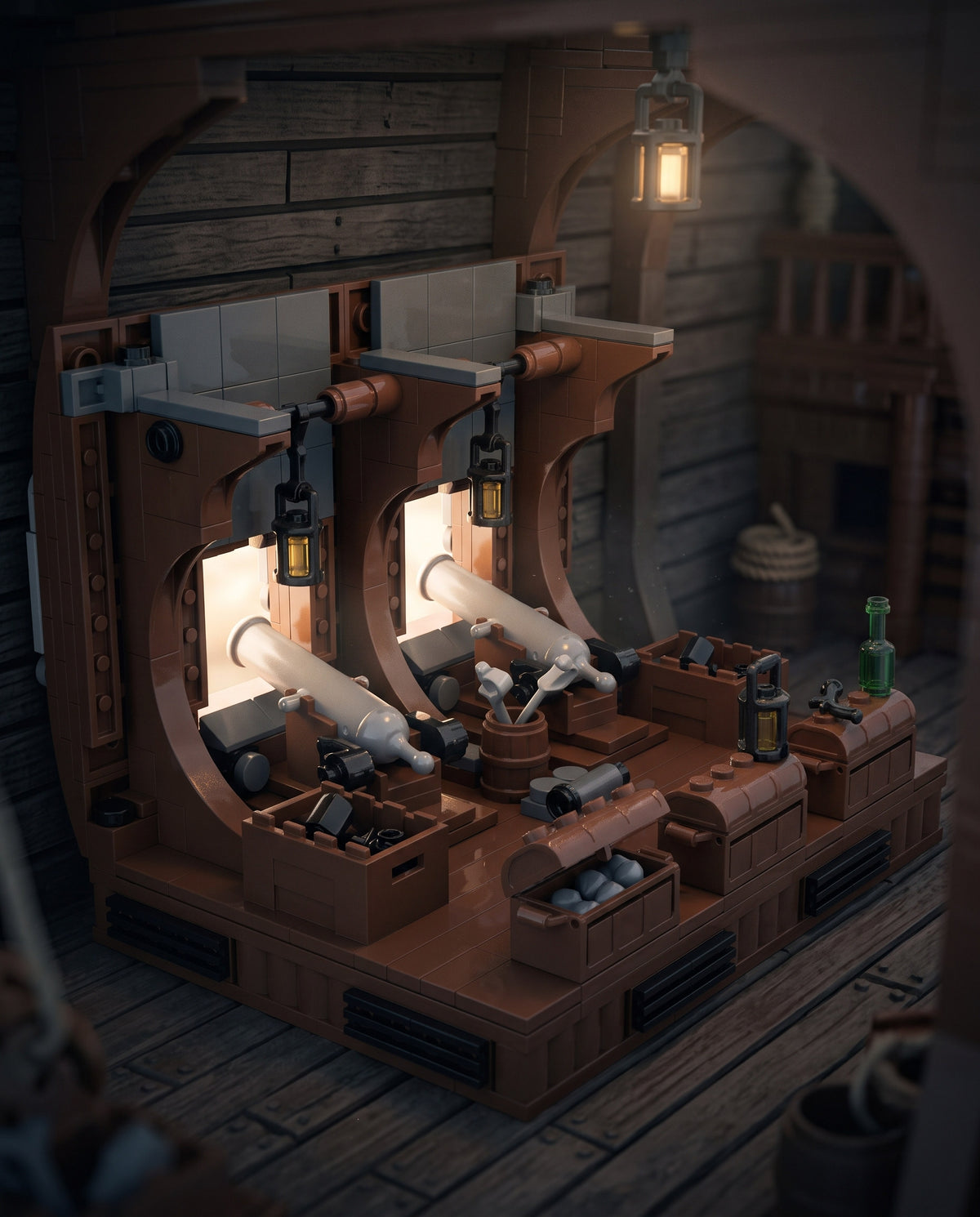 Ship's Gun Deck with Cannons in an illustrative scene. Scenery and additional props not included.