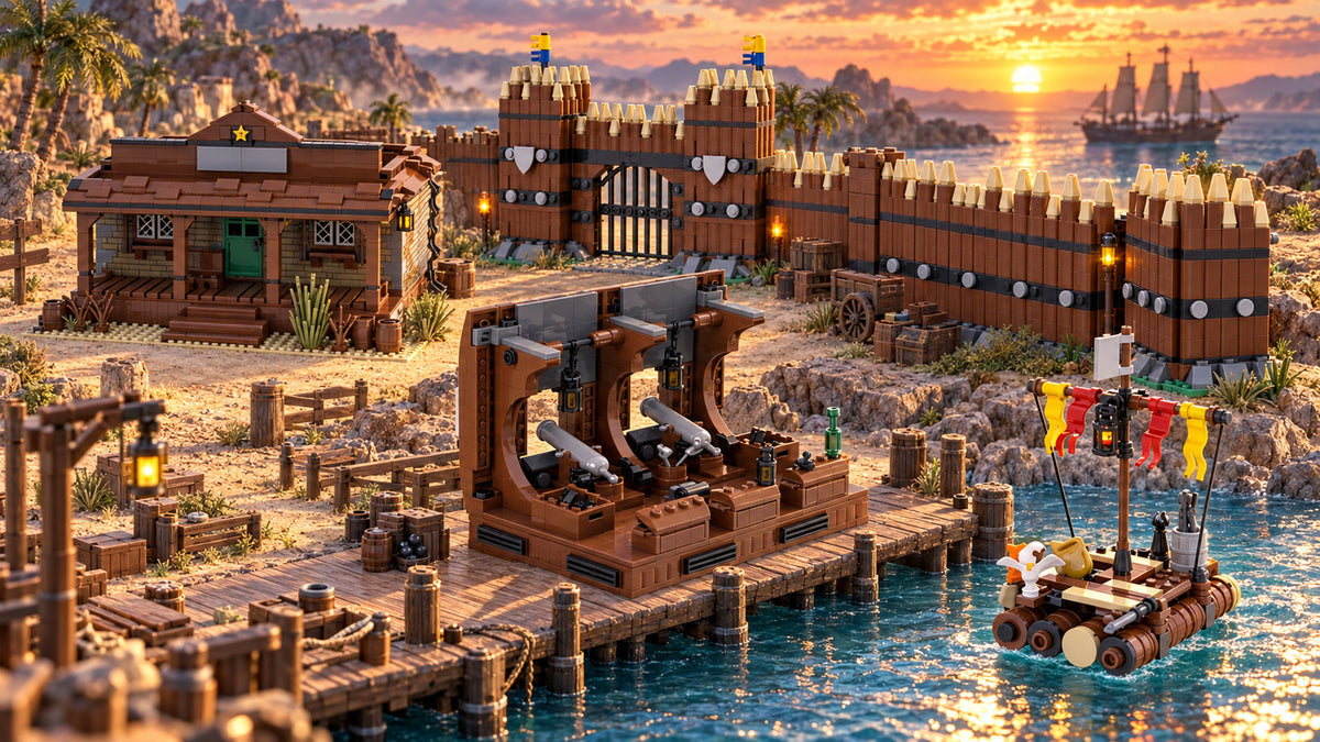 Pirates & Western Build Kits multi-build scene. Each build sold separately; surrounding scenery is illustrative.