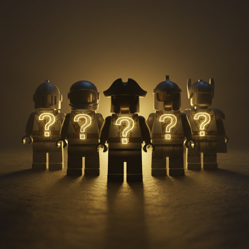 Five mystery minifigures in a row with glowing question marks on their torsos
