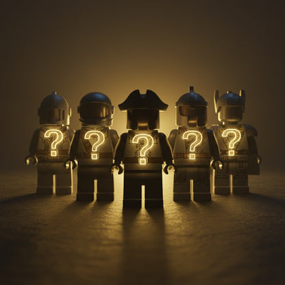 Five mystery minifigures in a row with glowing question marks on their torsos