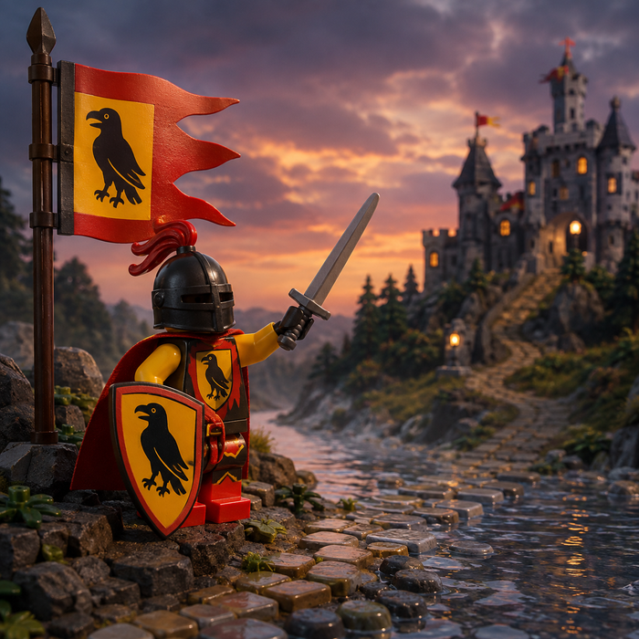 Raven Knight signaling beside a stone river ford