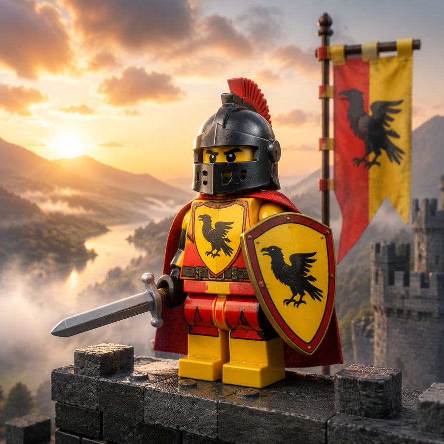 Raven Knight on a sunrise castle parapet