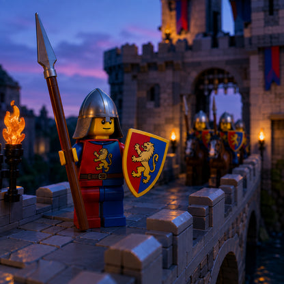 Red and Blue Lion Spear Knight guarding a castle bridge