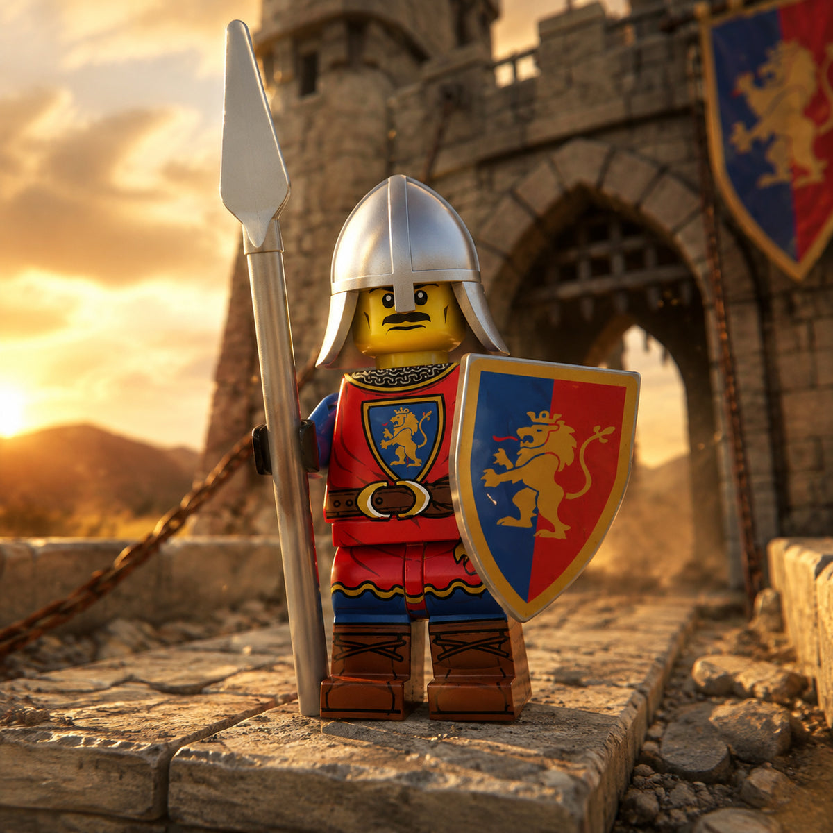 Red and Blue Lion Spear Knight collectible minifigure defending a stone castle bridge with spear and lion shield at sunset