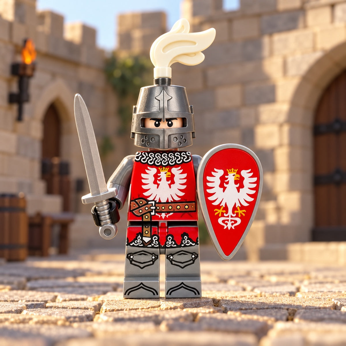 Red Eagle knight with shield and sword in a castle courtyard; scenery not included