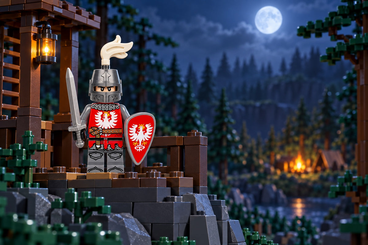 Red Eagle knight at a moonlit brick-built watchpost; scenery not included