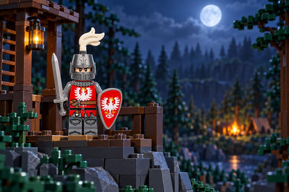 Red Eagle knight at a moonlit brick-built watchpost; scenery not included