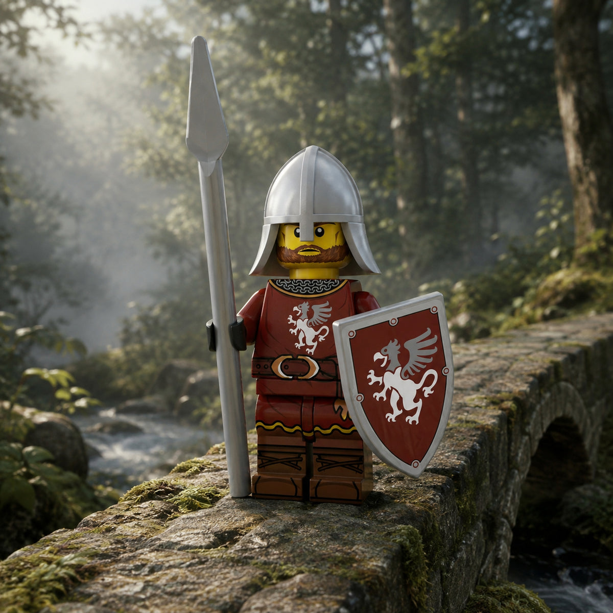 Red Griffin Spear Knight collectible minifigure crossing a mossy stone bridge