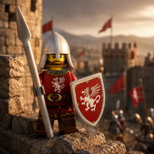 Red Griffin Spear Knight collectible minifigure defending a stone castle battlement